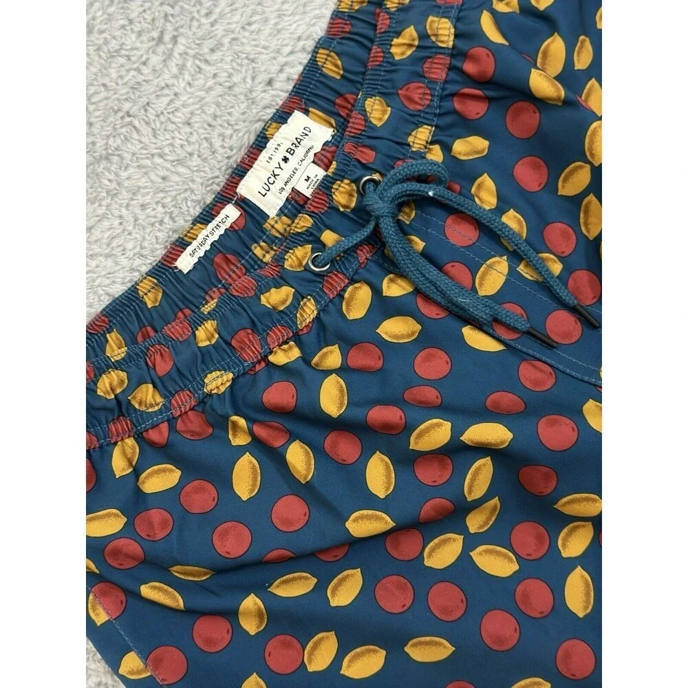 Lucky Brand Mens Saturday Stretch Swim Trunks Teal Fruit Lemon Cherry Print M